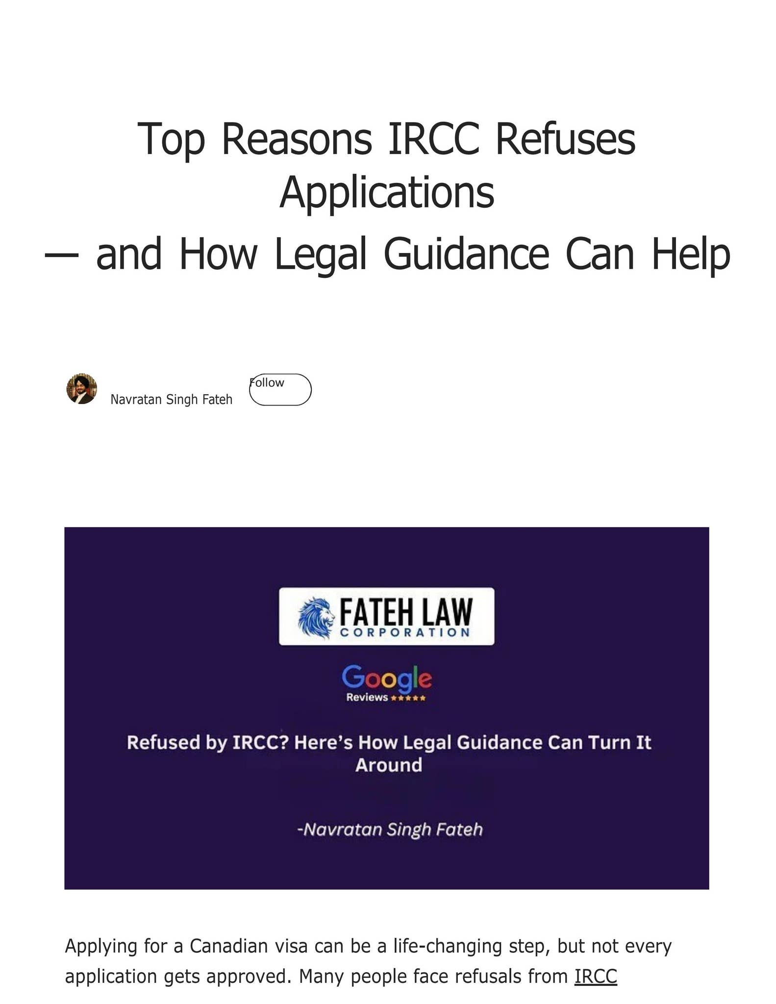 Top Reasons IRCC Refuses Applications — How Legal Guidance Can Help by Fateh Law Corporation - Issuu